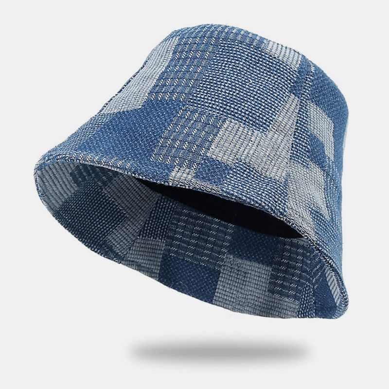 Unisexe Coton Plaid Colorblock Denim Distressed Vintage Casual Parasol Pliable Plat Chapeaux Seau Chapeaux