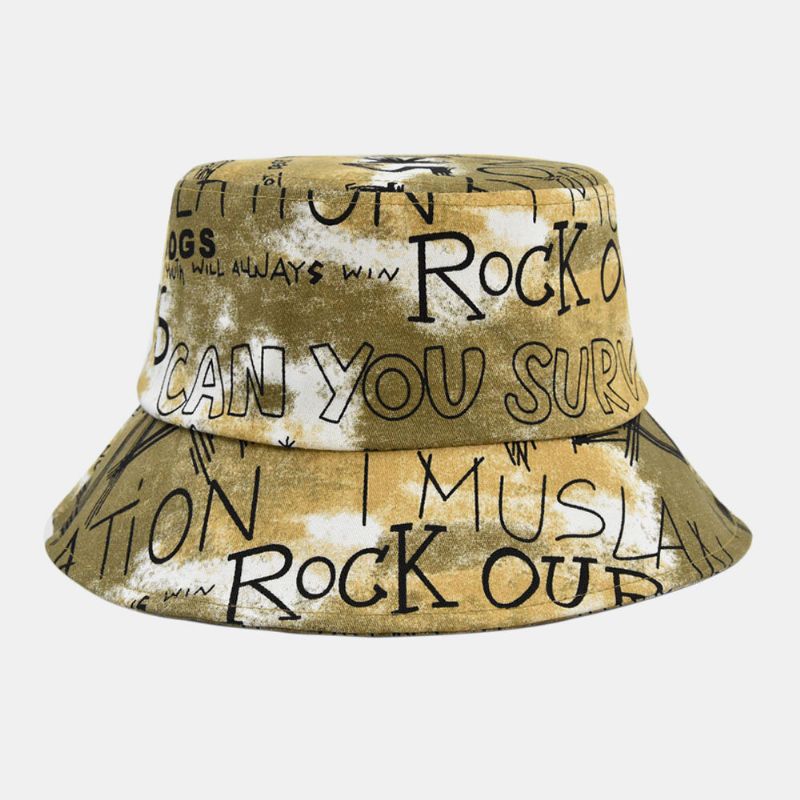 Unisexe Coton Tie-dye Lettre Graffiti Motif Impression Grand Bord Parasol Seau Chapeau