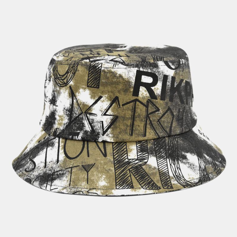 Unisexe Coton Tie-dye Lettre Graffiti Motif Impression Grand Bord Parasol Seau Chapeau