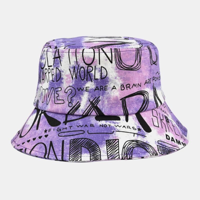 Unisexe Coton Tie-dye Lettre Graffiti Motif Impression Grand Bord Parasol Seau Chapeau