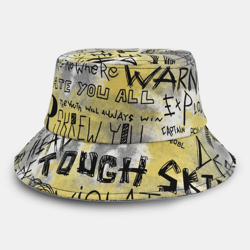 Unisexe Coton Tie-dye Lettre Graffiti Motif Impression Grand Bord Parasol Seau Chapeau