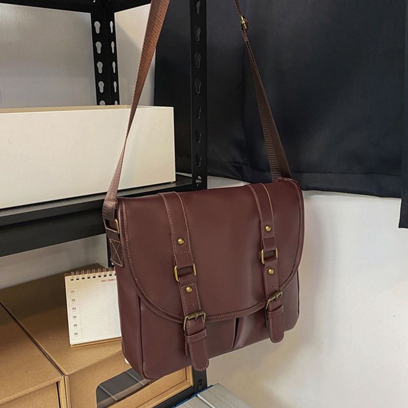 Unisexe Cuir Artificiel Vintage Grande Capacité Multi Slot Messenger Bag Sac À Bandoulière Durable