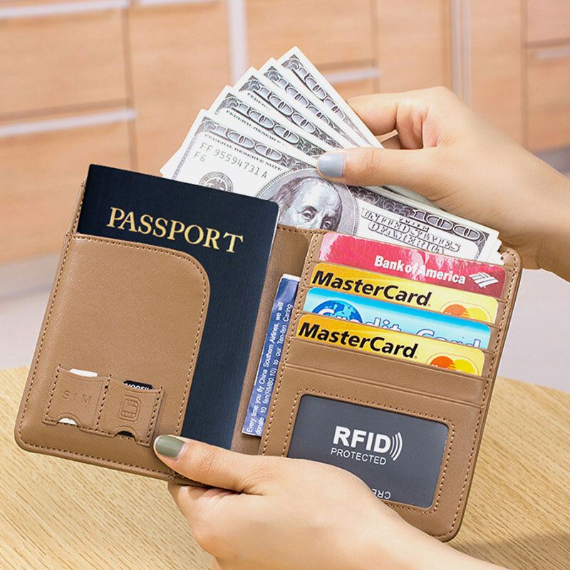 Unisexe En Cuir Véritable Rfid Multifonction Fente Multi-cartes Voyage Passeport Sac Portefeuille Avec Sangle Élastique