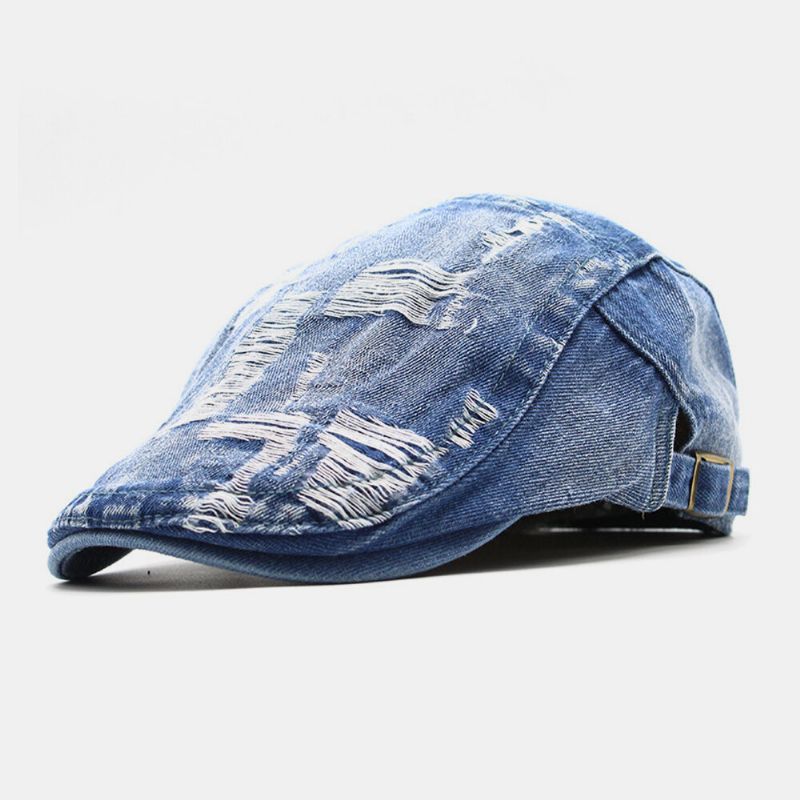 Unisexe Délavé Denim Bordure Trou Make-old Rétro Pare-soleil Avant Casquette Béret Casquettes Chapeau Plat