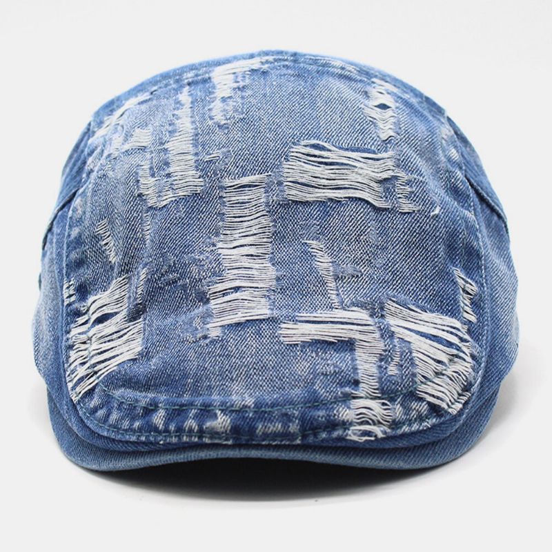 Unisexe Délavé Denim Bordure Trou Make-old Rétro Pare-soleil Avant Casquette Béret Casquettes Chapeau Plat