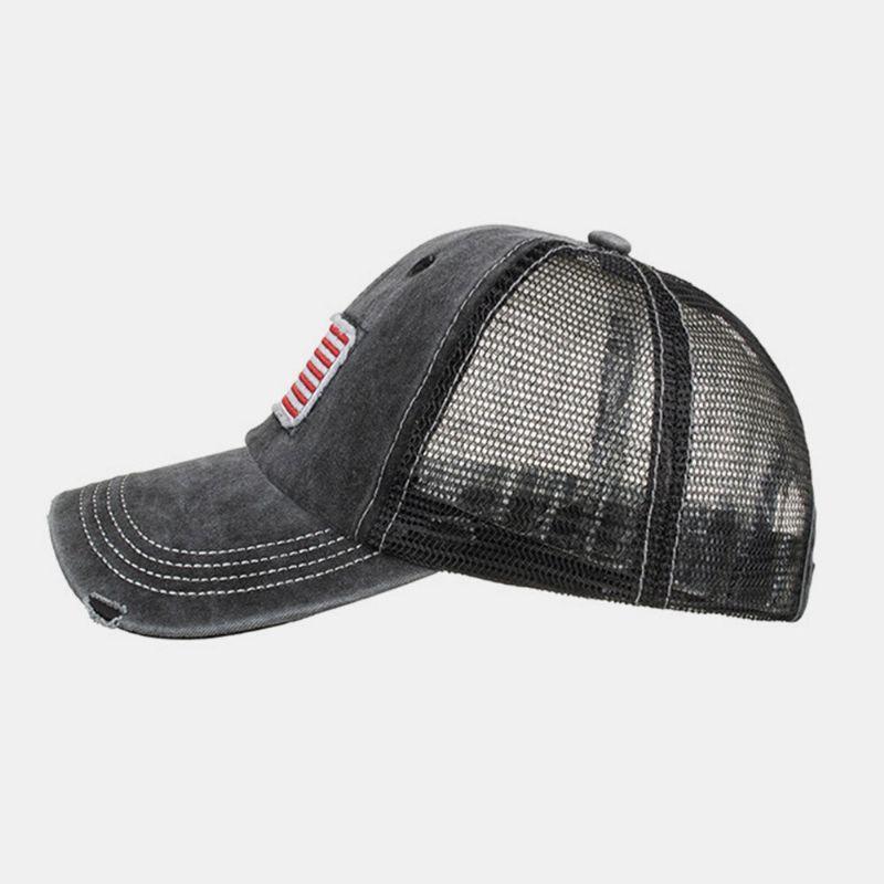 Unisexe Délavé Drapeau Américain Patch Queue De Cheval Casquette De Baseball Maille Respirante Casquette Été Snapback Chapeau