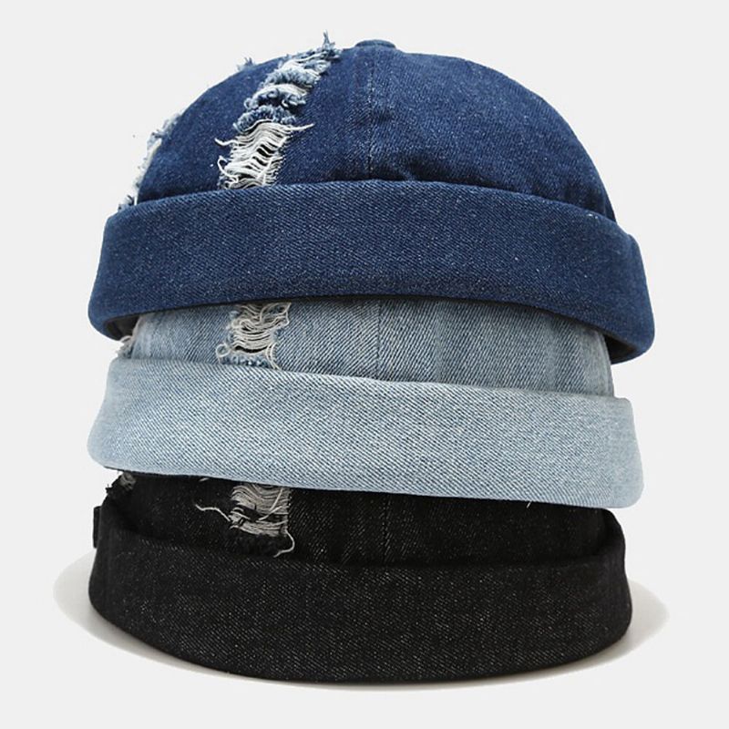 Unisexe Denim Cassé Trous Made-old Fashion Outdoor Brimless Beanie Landlord Cap Skull Cap