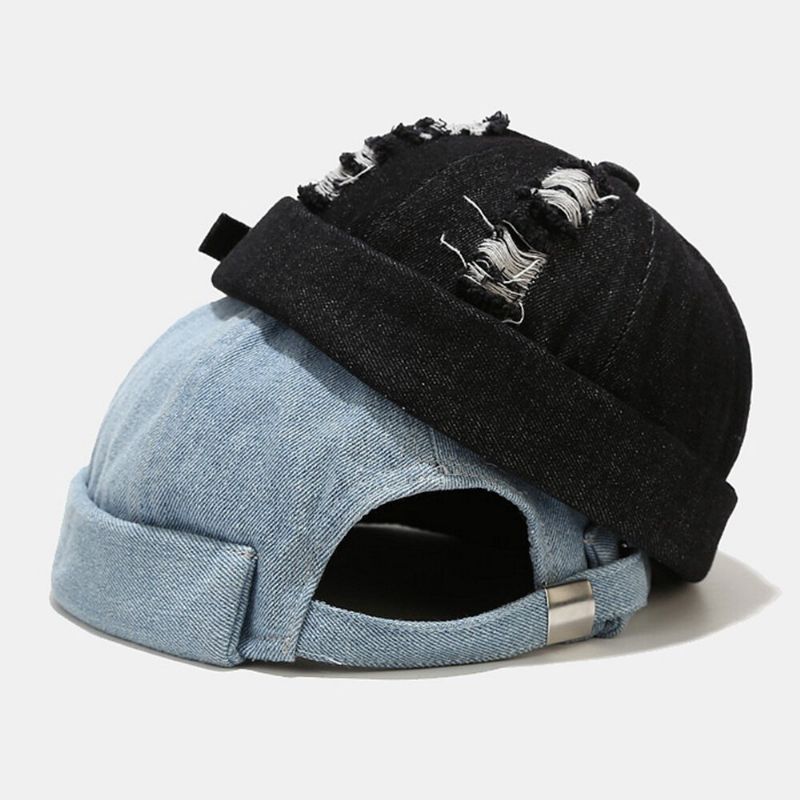 Unisexe Denim Cassé Trous Made-old Fashion Outdoor Brimless Beanie Landlord Cap Skull Cap