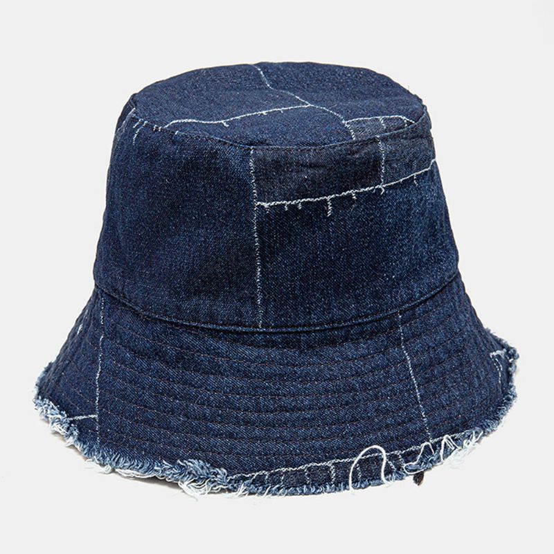 Unisexe Denim Distressed Frayed Edge Vintage Casual Parasol Pliable Plat Chapeaux Seau Chapeaux