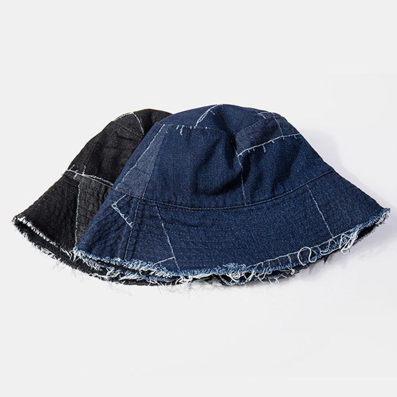 Unisexe Denim Distressed Frayed Edge Vintage Casual Parasol Pliable Plat Chapeaux Seau Chapeaux