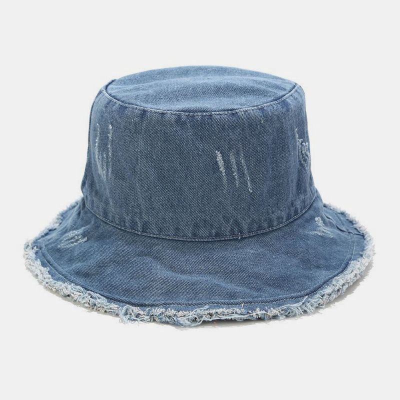 Unisexe Denim Pliable Trous Cassés Gland Fait-vieux Rétro Mode Extérieur Parasol Seau Chapeau