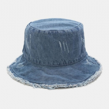 Unisexe Denim Pliable Trous Cassés Gland Fait-vieux Rétro Mode Extérieur Parasol Seau Chapeau