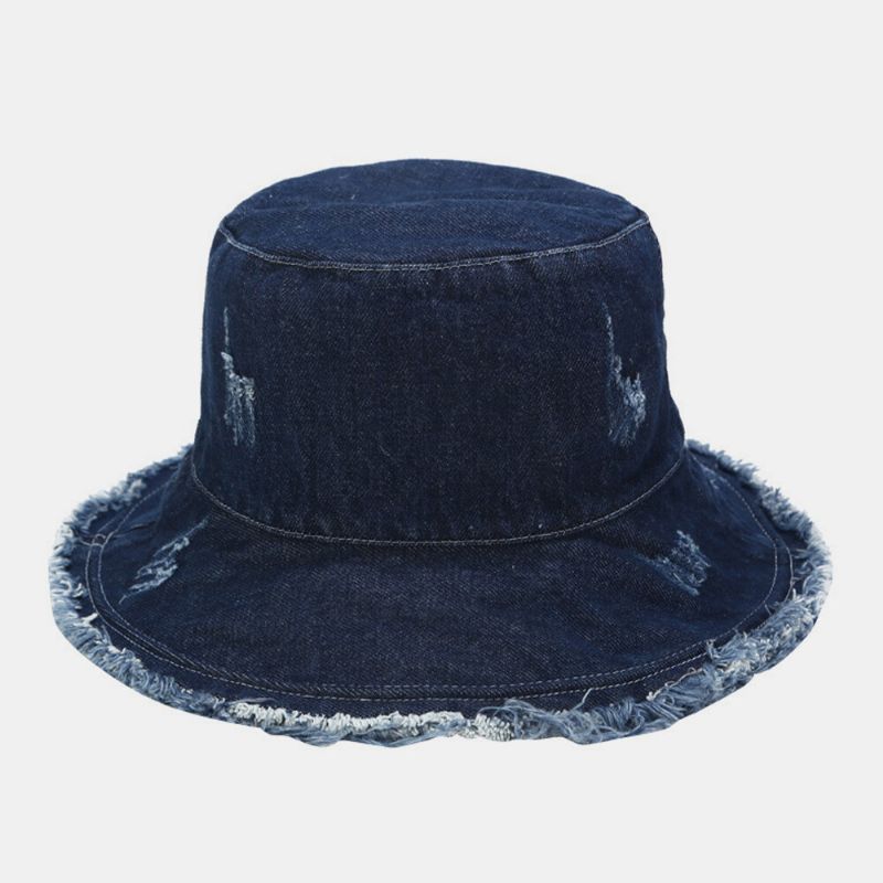 Unisexe Denim Pliable Trous Cassés Gland Fait-vieux Rétro Mode Extérieur Parasol Seau Chapeau