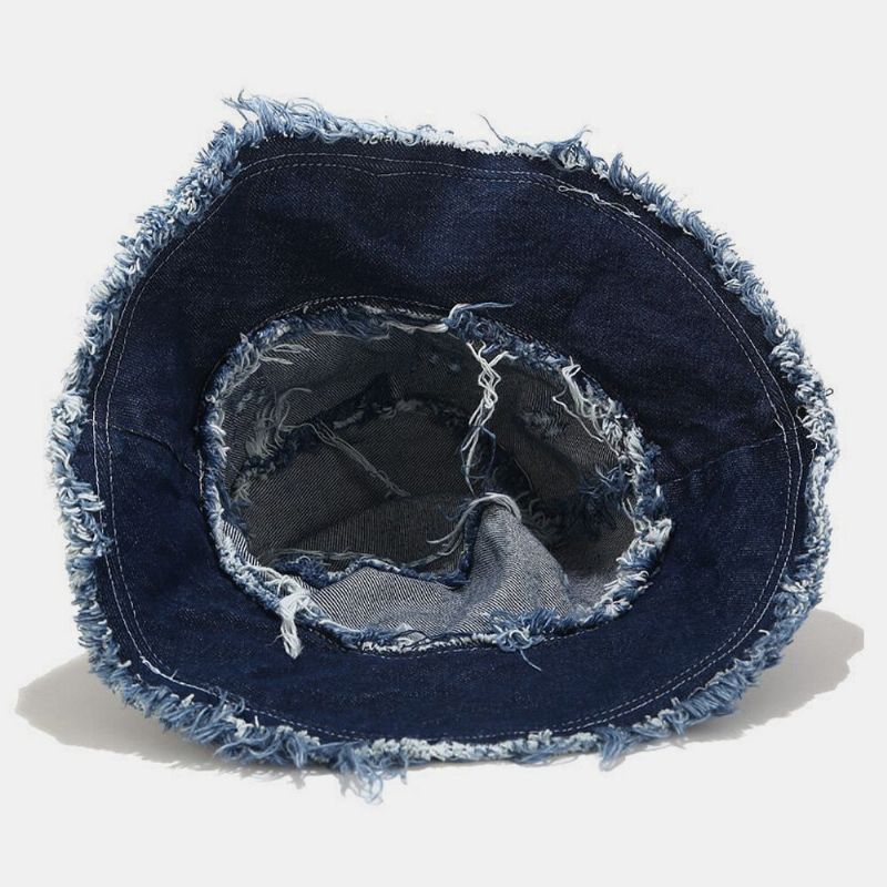 Unisexe Denim Pliable Trous Cassés Gland Fait-vieux Rétro Mode Extérieur Parasol Seau Chapeau