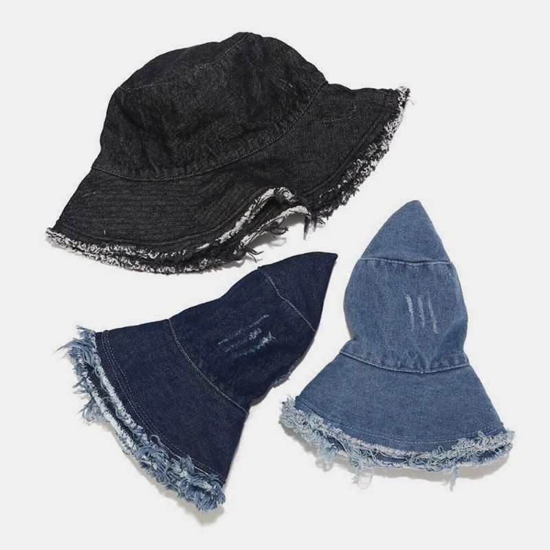 Unisexe Denim Pliable Trous Cassés Gland Fait-vieux Rétro Mode Extérieur Parasol Seau Chapeau