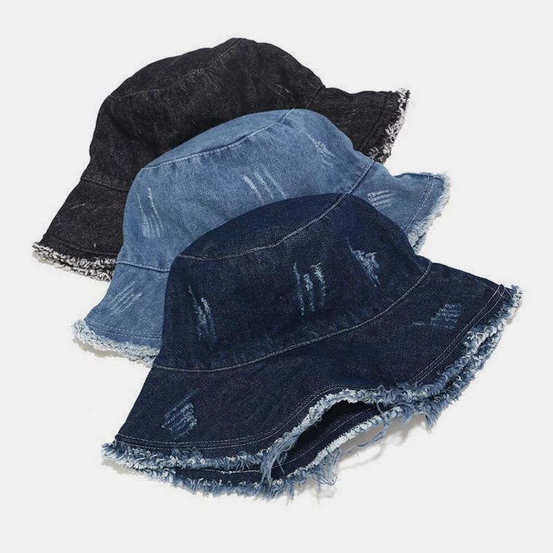 Unisexe Denim Pliable Trous Cassés Gland Fait-vieux Rétro Mode Extérieur Parasol Seau Chapeau