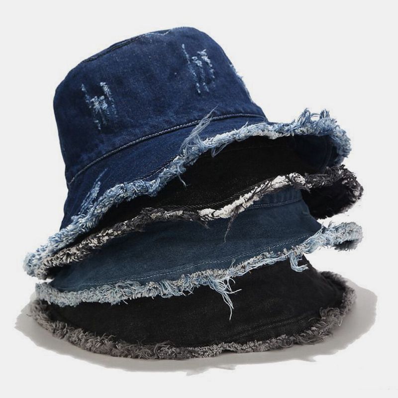 Unisexe Denim Pliable Trous Cassés Gland Fait-vieux Rétro Mode Extérieur Parasol Seau Chapeau