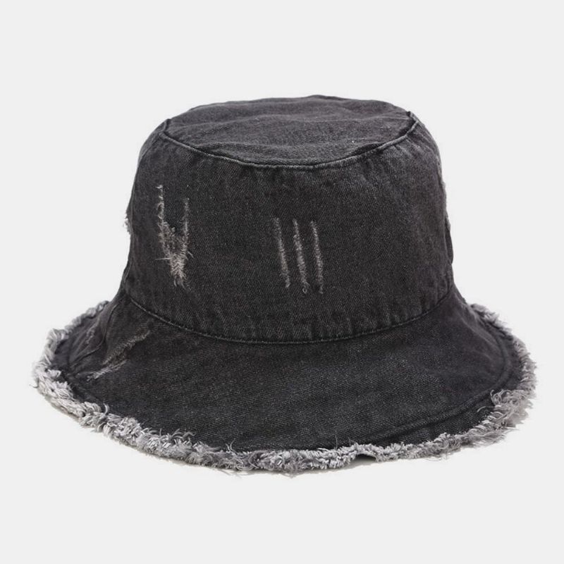 Unisexe Denim Pliable Trous Cassés Gland Fait-vieux Rétro Mode Extérieur Parasol Seau Chapeau