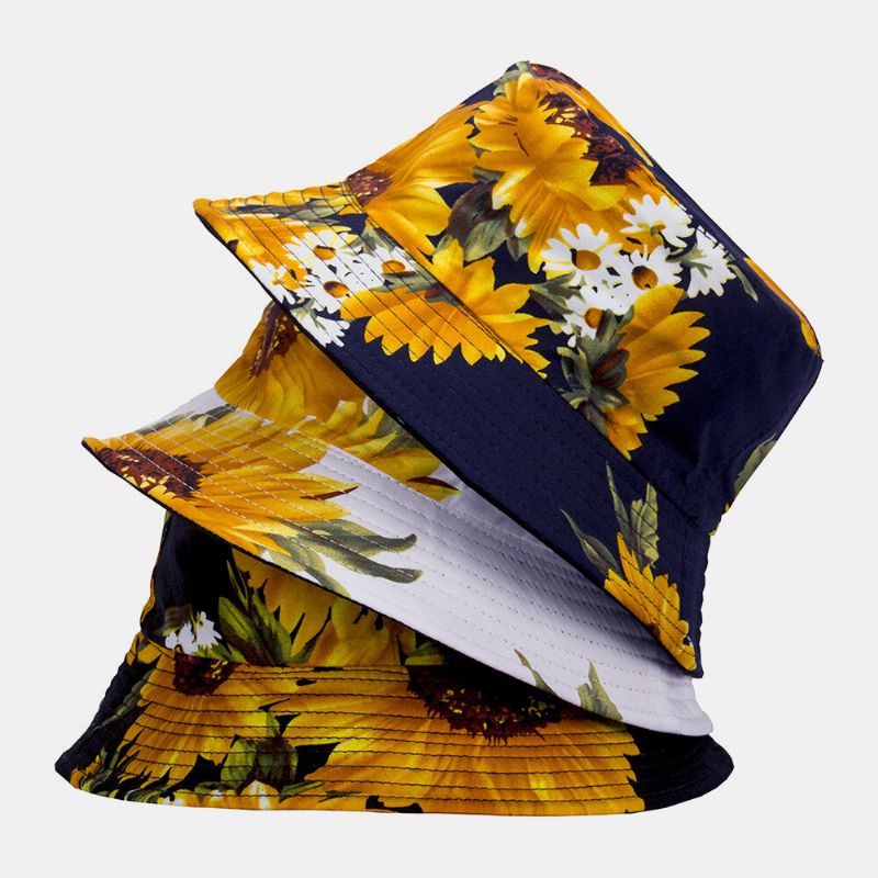 Unisexe Double Face Coton Tournesols Motif Mode Jeune Crème Solaire Respirant Parasol Seau Chapeau