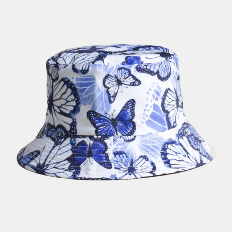 Unisexe Double Face Porter Des Arêtes De Poisson Motif Papillons Extérieur Parasol Seau Chapeau