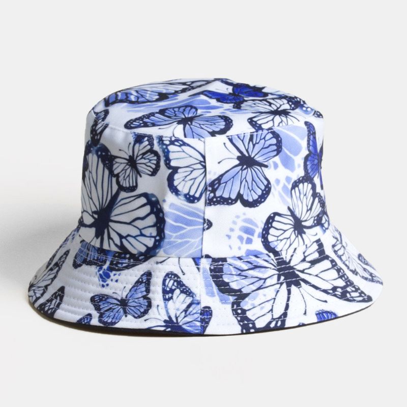 Unisexe Double Face Porter Des Arêtes De Poisson Motif Papillons Extérieur Parasol Seau Chapeau