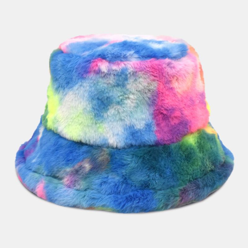 Unisexe Fausse Fourrure De Lapin Coloré Dégradé Tie-dye Seau Chapeau Hiver Épaissir Chaleur Coupe-vent Mode Parasol Chapeau