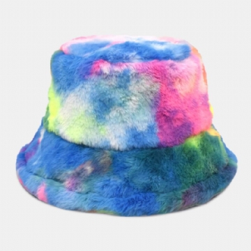 Unisexe Fausse Fourrure De Lapin Coloré Dégradé Tie-dye Seau Chapeau Hiver Épaissir Chaleur Coupe-vent Mode Parasol Chapeau