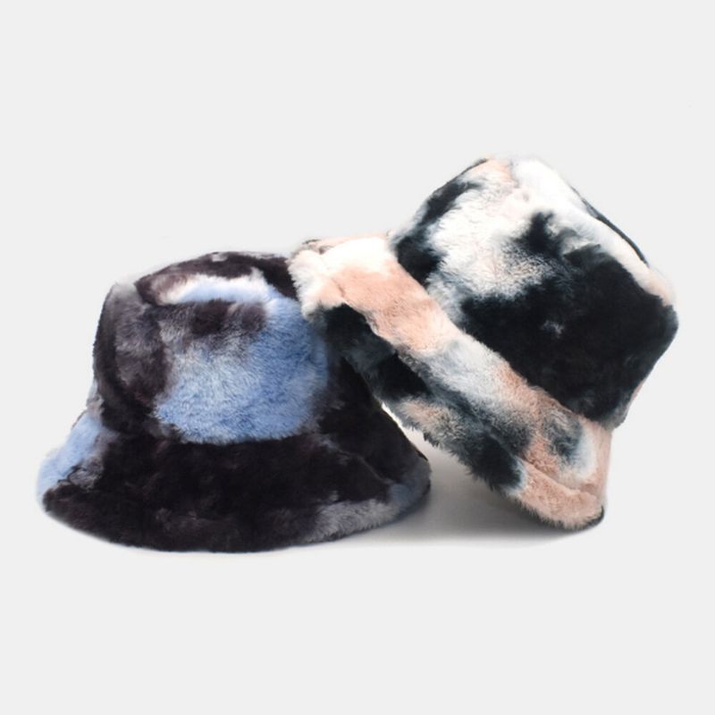 Unisexe Fausse Fourrure De Lapin Coloré Dégradé Tie-dye Seau Chapeau Hiver Épaissir Chaleur Coupe-vent Mode Parasol Chapeau