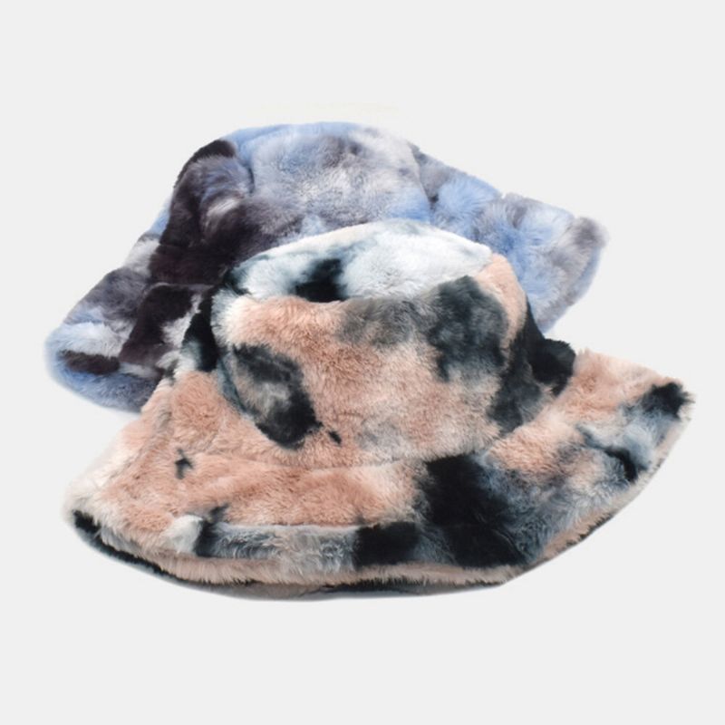 Unisexe Fausse Fourrure De Lapin Coloré Dégradé Tie-dye Seau Chapeau Hiver Épaissir Chaleur Coupe-vent Mode Parasol Chapeau