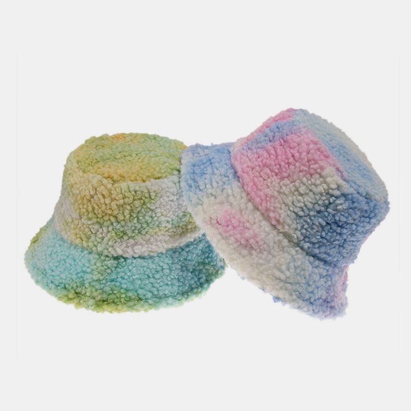 Unisexe Feutre Agneau Cheveux Tie-dye Plus Épaissir Chaud Coupe-vent Doux Chapeau Seau