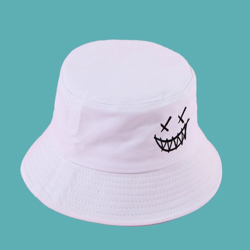 Unisexe Funny Face Broderie Seau Chapeau Coton Wild Summer Travel Beach Hat