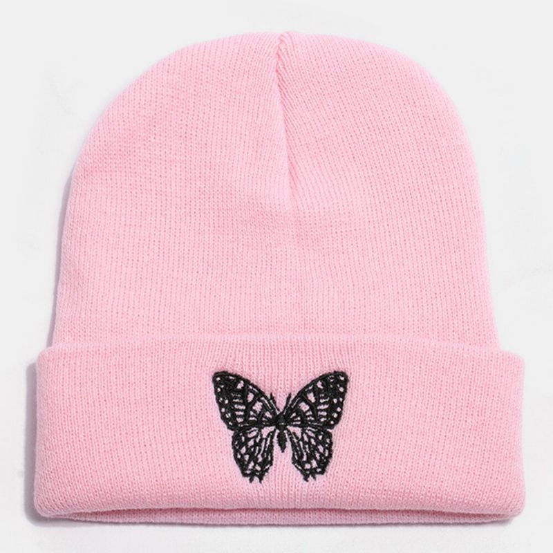 Unisexe Laine Chaud Élastique Décontracté Dessin Animé Papillon Broderie Motif Tricoté Chapeau Sans Bord Bonnet