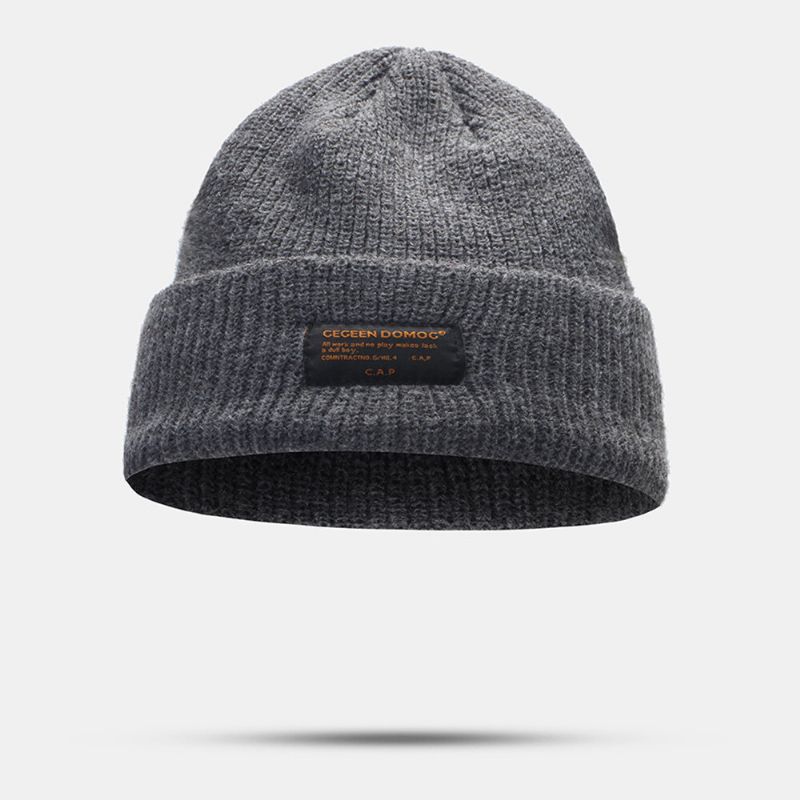 Unisexe Laine Lettre Étiquette Patch Tricoté Chapeau Rétro Décontracté Hiver Chaud Réglable Sans Bord Bonnet Bonnet