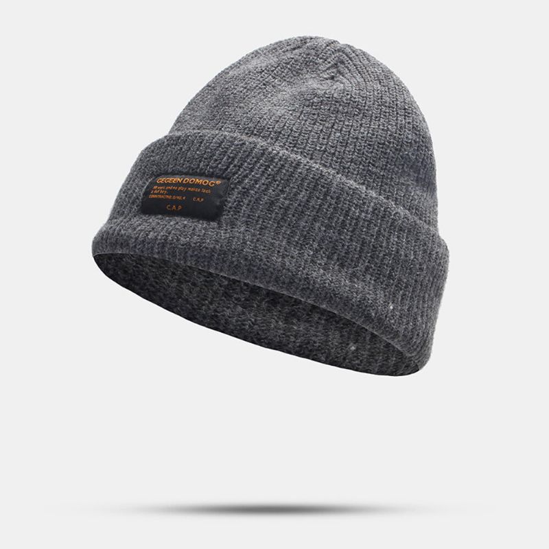 Unisexe Laine Lettre Étiquette Patch Tricoté Chapeau Rétro Décontracté Hiver Chaud Réglable Sans Bord Bonnet Bonnet