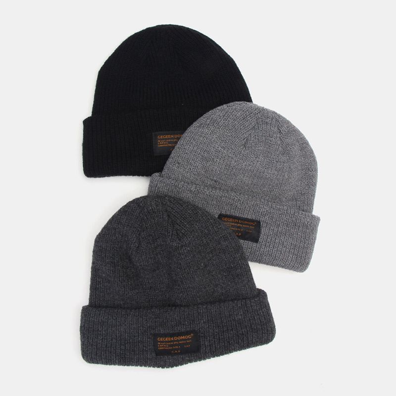 Unisexe Laine Lettre Étiquette Patch Tricoté Chapeau Rétro Décontracté Hiver Chaud Réglable Sans Bord Bonnet Bonnet