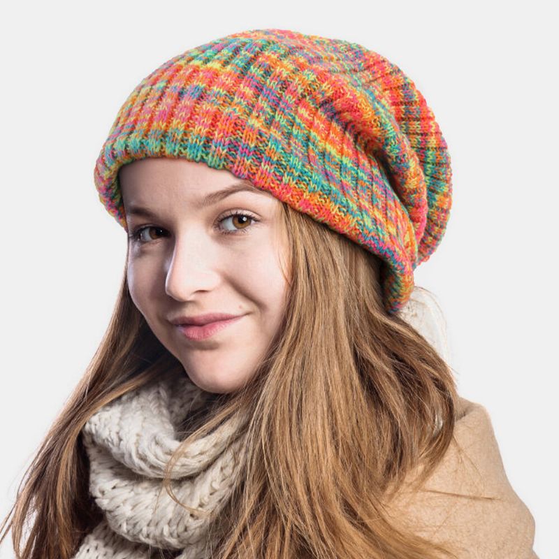 Unisexe Laine Mélangée Arc-en-ciel Couleur Rayures Motif Plus Velours Épais Chaud Couple Chapeau Bonnet Tricoté Chapeau