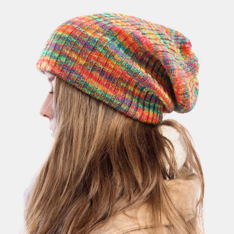 Unisexe Laine Mélangée Arc-en-ciel Couleur Rayures Motif Plus Velours Épais Chaud Couple Chapeau Bonnet Tricoté Chapeau