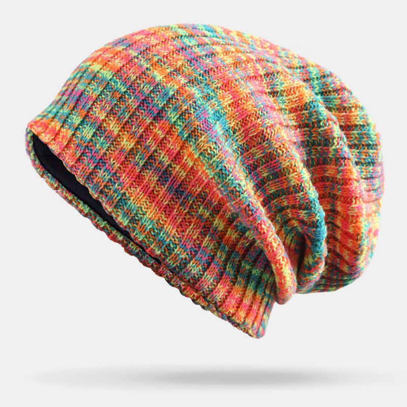 Unisexe Laine Mélangée Arc-en-ciel Couleur Rayures Motif Plus Velours Épais Chaud Couple Chapeau Bonnet Tricoté Chapeau