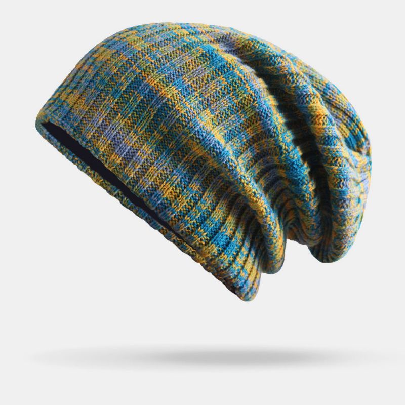 Unisexe Laine Mélangée Arc-en-ciel Couleur Rayures Motif Plus Velours Épais Chaud Couple Chapeau Bonnet Tricoté Chapeau