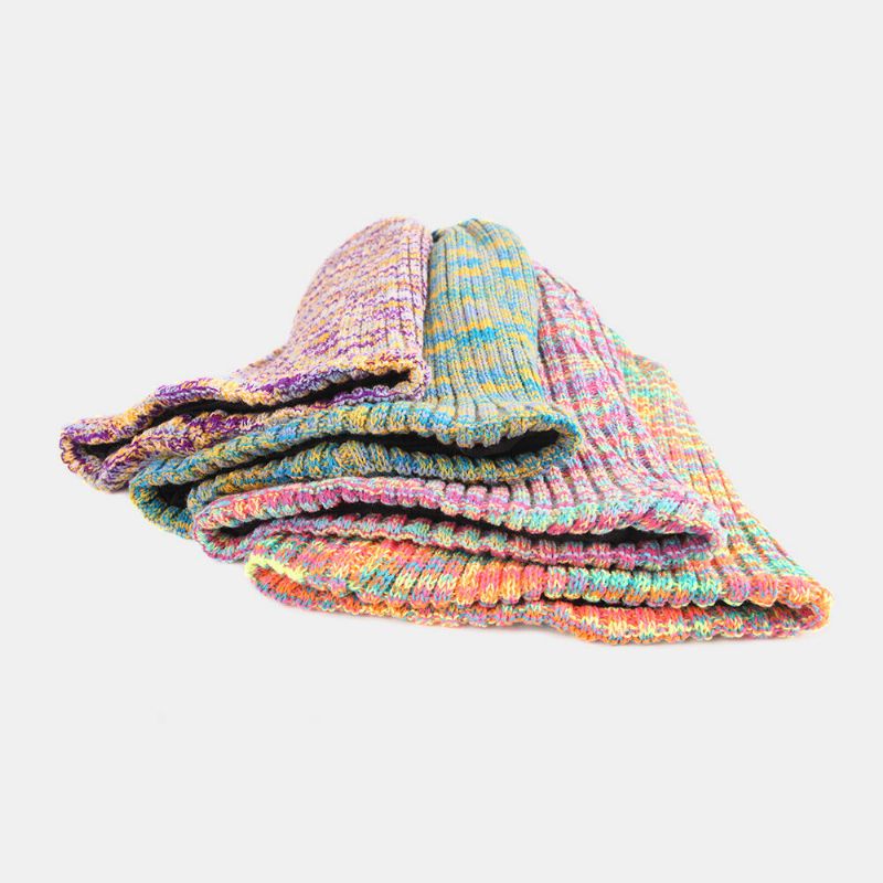 Unisexe Laine Mélangée Arc-en-ciel Couleur Rayures Motif Plus Velours Épais Chaud Couple Chapeau Bonnet Tricoté Chapeau