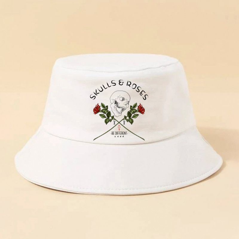 Unisexe Lettres Crâne Motif Chapeau De Soleil Coton Rose Imprimé Mode Protection Solaire Seau Chapeau