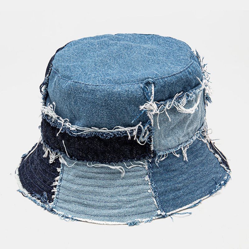 Unisexe Plaid Colorblock Denim Distressed Frayed Edge Casual Parasol Pliable Plat Chapeaux Seau Chapeaux