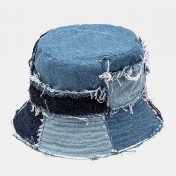 Unisexe Plaid Colorblock Denim Distressed Frayed Edge Casual Parasol Pliable Plat Chapeaux Seau Chapeaux