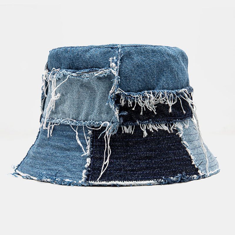 Unisexe Plaid Colorblock Denim Distressed Frayed Edge Casual Parasol Pliable Plat Chapeaux Seau Chapeaux