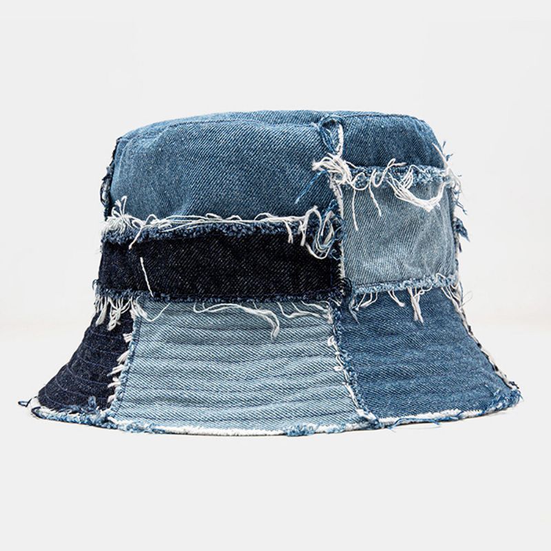 Unisexe Plaid Colorblock Denim Distressed Frayed Edge Casual Parasol Pliable Plat Chapeaux Seau Chapeaux