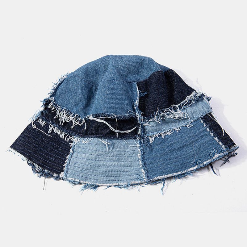 Unisexe Plaid Colorblock Denim Distressed Frayed Edge Casual Parasol Pliable Plat Chapeaux Seau Chapeaux