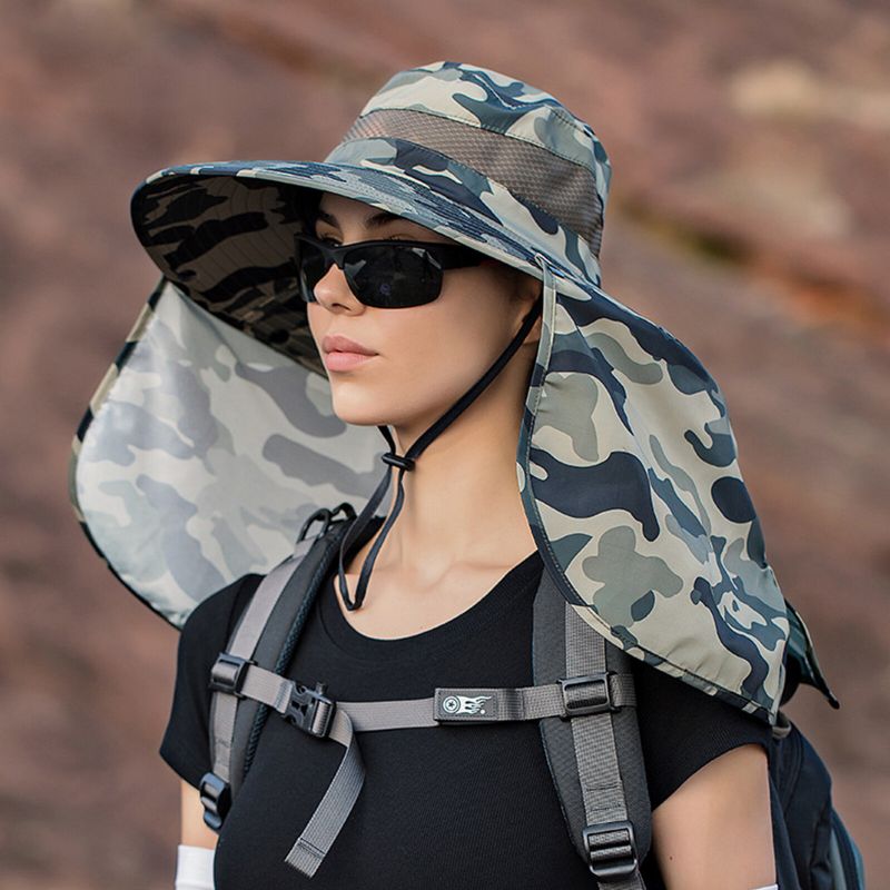 Unisexe Polyester Camouflage Décontracté Extérieur Respirant Bord Étendu Pliable Séchage Rapide Parasol Seau Chapeaux