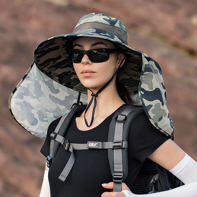 Unisexe Polyester Camouflage Décontracté Extérieur Respirant Bord Étendu Pliable Séchage Rapide Parasol Seau Chapeaux