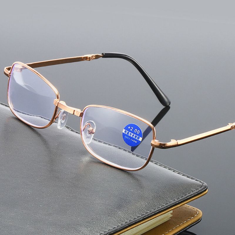 Unisexe Portable Plein Cadre Double Lumière Myopie Hypermétropie Lunettes Pliantes Anti-bleu Lunettes De Lecture Avec Boîte En Cuir