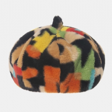 Unisexe Tie-dye En Peluche Style Britannique Chaud Doux Casual Tout Match Peintre Chapeau Béret Chapeau Octogonal Chapeau